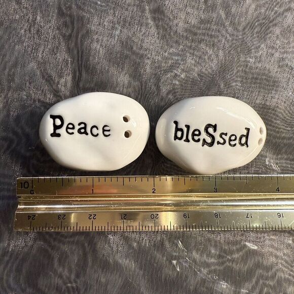 PS Peace Blessed Mini Salt & Pepper Shakers Religious Themed Minimalist White 2” - Picture 5 of 6